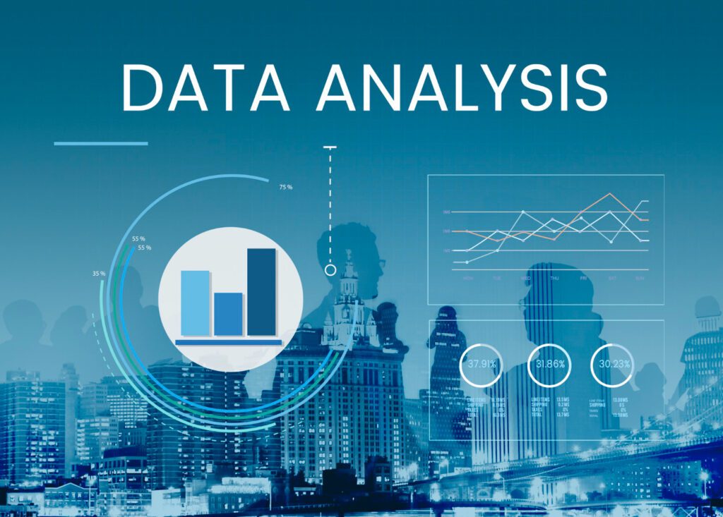 An image with "Data Analysis" on a cityscape background shows different data sets.